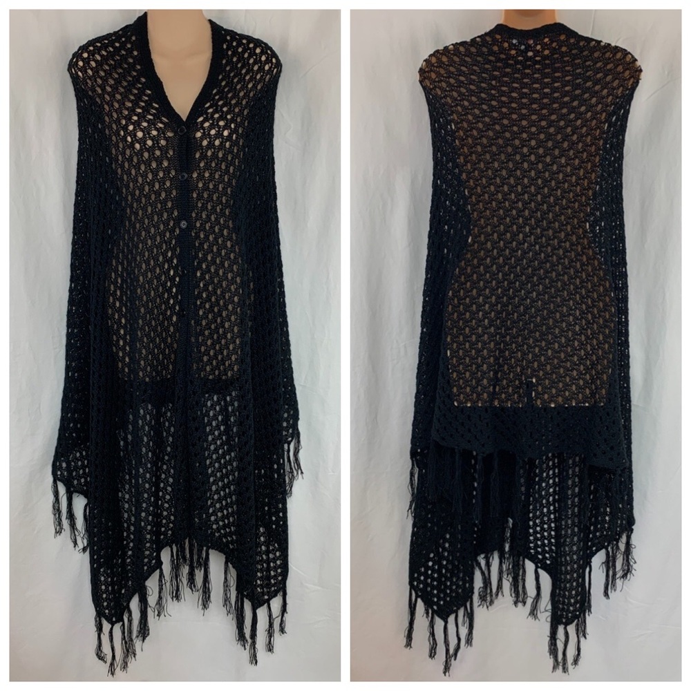 LuLaRoe Black Button Front Long Poncho Cape Duster Style Sleeveless Sweater OS
